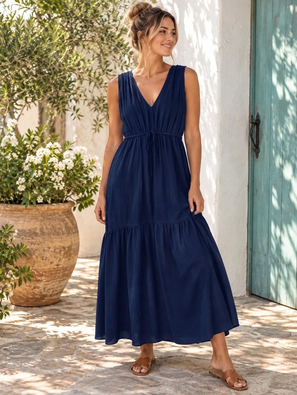 Calvin Klein Blue Sleeveless V Neck Maxi Dress Stretch Size 12 Ruched Waist